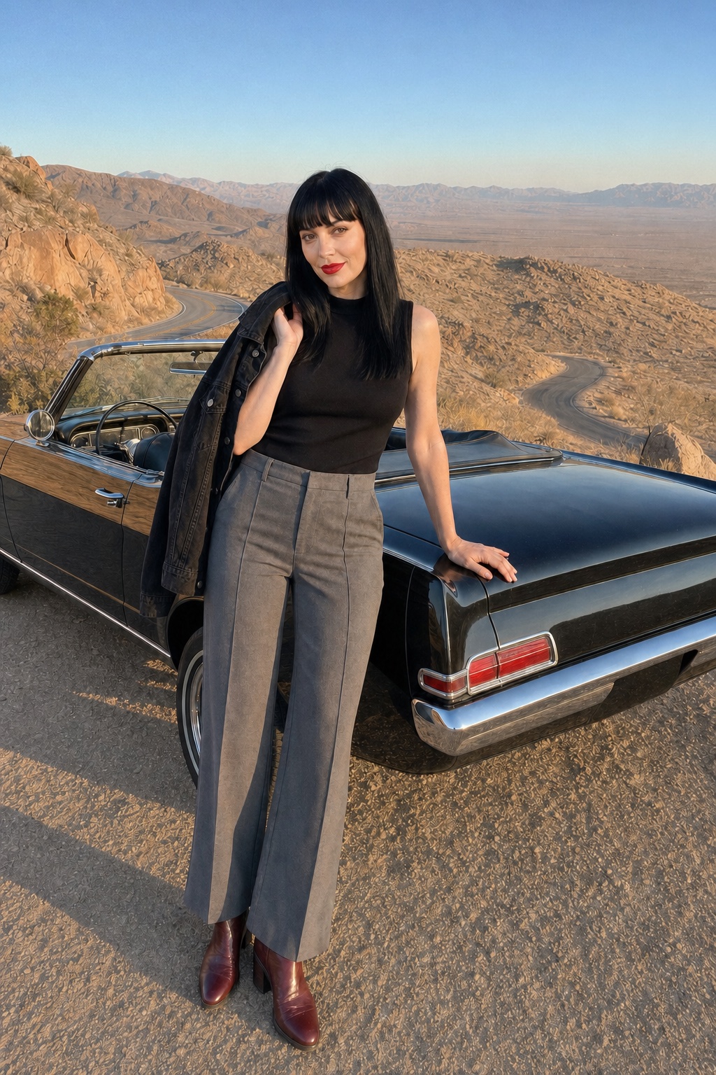 Roxy Reynard pausing on a desert road trip
